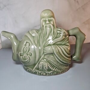 Figurine Teapot Sage Man Asian Decor Collectible Tea Pot Green Ceramic‎